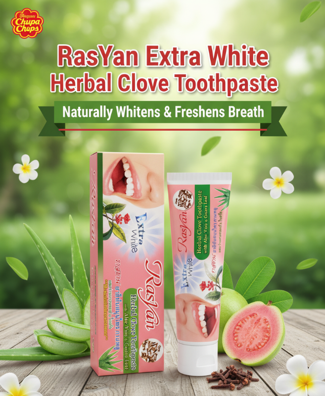 Rasyan Extra White Herbal Toothpaste 100g | Clove, Aloe Vera & Guava Leaf | Removes Coffee & Tobacco Stains | Thai Formula