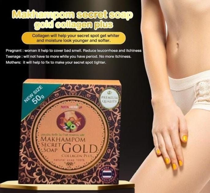 صابون ماخام بوم سيكريت الذهبي | تفتيح وعناية للمناطق الحساسة مع الكولاجين بلس Makham Pom Secret Gold Soap | Whitening and Care for Intimate Areas with Collagen Plus