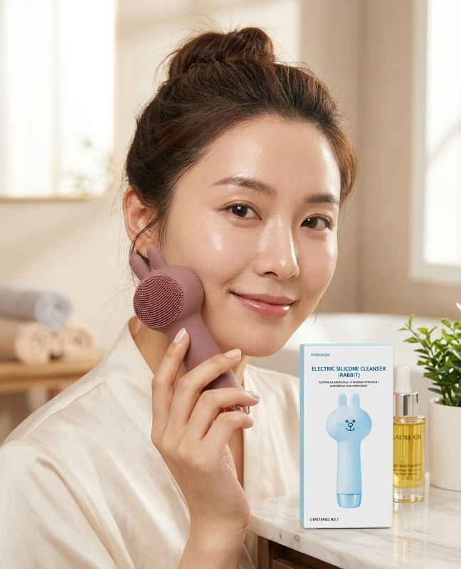 Inshmanjia Rabbit Silicone Facial Cleanser – Electric Double-Sided Face Brush | Deep Cleansing & Vibration Massage | IPX5 Waterproof | Battery-Powered | Multiple Colors