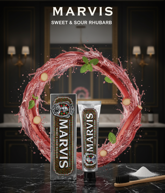 Marvis Sweet & Sour Rhubarb Toothpaste 75ml – Italian Luxury Toothpaste | Bitter Rhubarb, Mint & Menthol | Cavity Prevention, Plaque & Tartar Control | Silver Vintage Tube