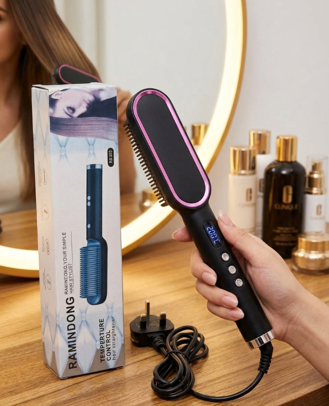 RAMINDONG RD380 Hair Straightener Brush – 2-in-1 Straightening & Curling | Adjustable Temperature Control | Anti-Scalding Design | Ceramic Heating Technology