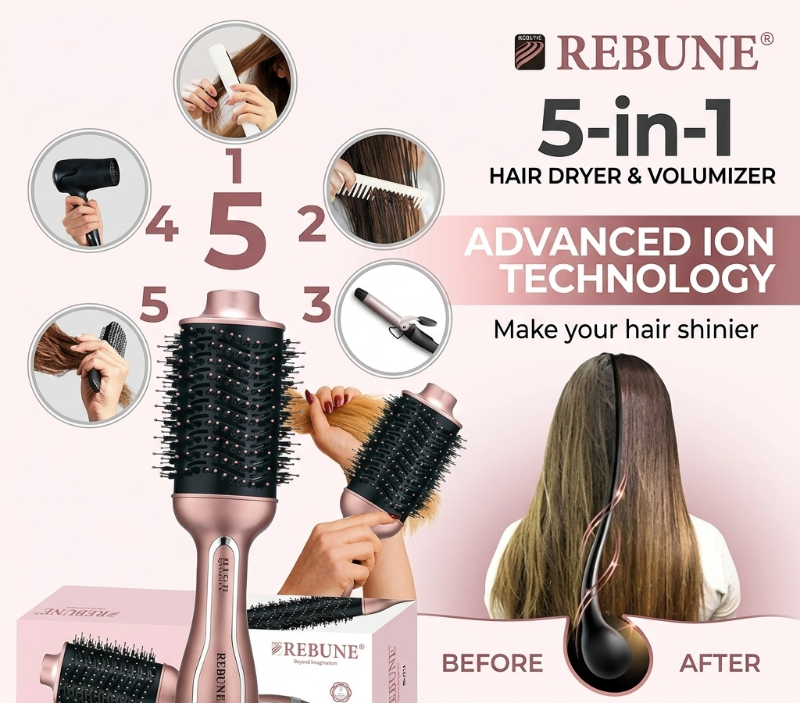Rebune 1200W Professional Hot Brush RE-2512: 3-in-1 Dry, Straighten & Volumize – Negative Ionic, 3 Heat Settings
