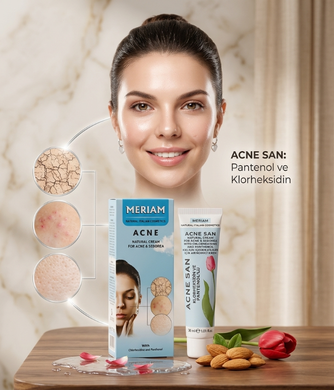 Meriam Acne San Natural Cream 30ml – Italian Acne Treatment with Chlorhexidine & Panthenol | Eliminates Acne & Seborea | Cleanses & Normalizes Skin