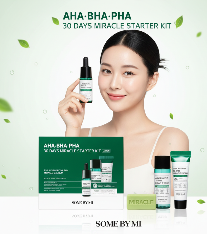 مجموعة Some By Mi Miracle Starter Kit 30 يومًا - روتين من 4 خطوات للبشرة المعرضة لحب الشباب، مع أحماض ألفا هيدروكسي (AHAs)، وأحماض بيتا هيدروكسي (BHAs)، وأحماض بولي هيدروكسي (PHAs).  Some By Mi Miracle Starter Kit 30 Days - A 4-Step Routine for Acne-Prone Skin with Alpha Hydroxy Acids (AHAs), Beta Hydroxy Acids (BHAs), and Polyhydroxy Acids (PHAs).