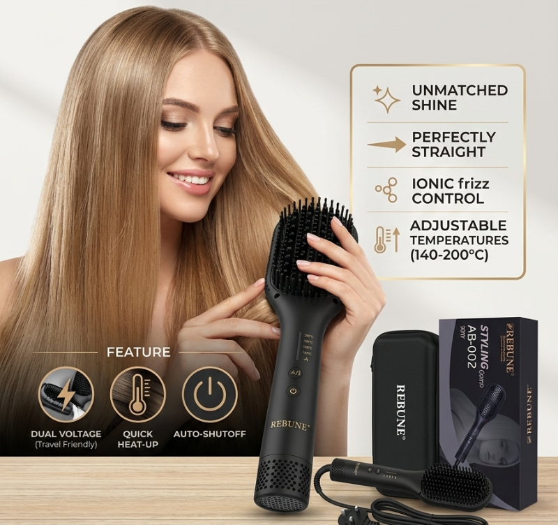 Title (60 Characters max):
Rebun Styling Comb AB-002: 98W Straightening & Styling Comb – 3 Heat Settings (160°C, 180°C, 200°C) with Case