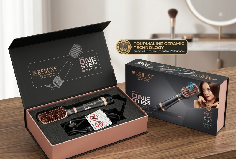 REBUNE RE-8888 One-Step Hair Styler: 1300W Hot Air Brush – Ceramic & Tourmaline, Ionic, 3 Temp/2 Speed