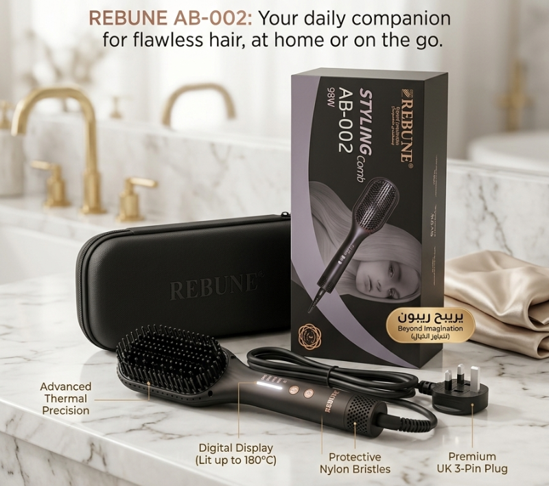 Title (60 Characters max):
Rebun Styling Comb AB-002: 98W Straightening & Styling Comb – 3 Heat Settings (160°C, 180°C, 200°C) with Case
