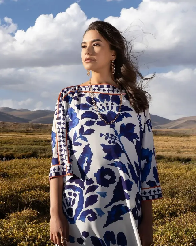 Chic Women's Stitched Printed Swiss Lawn Shirt And Trouser 2 Pcs Set blue