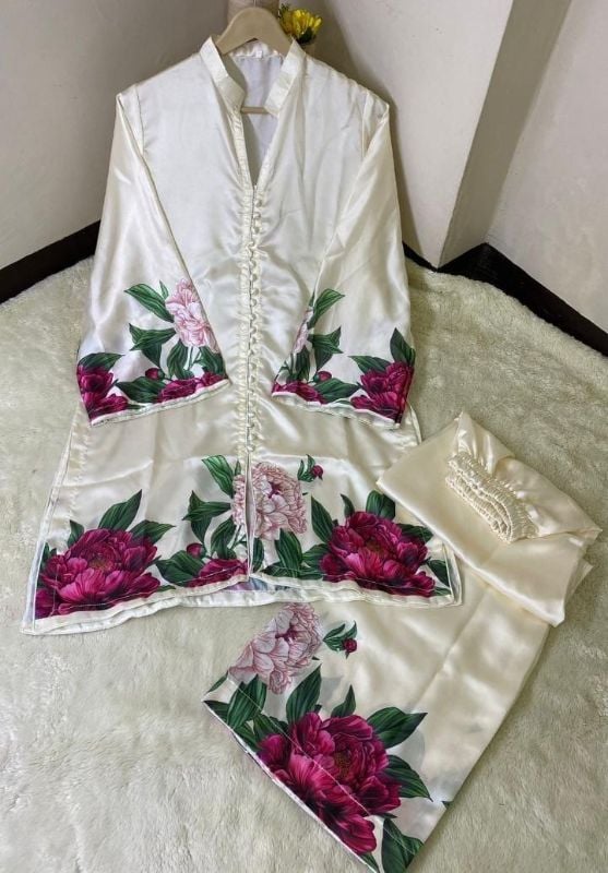 Stylish white Printed Co-Ord Set - 2 Pcs Women's Stitched Shamoz Silk