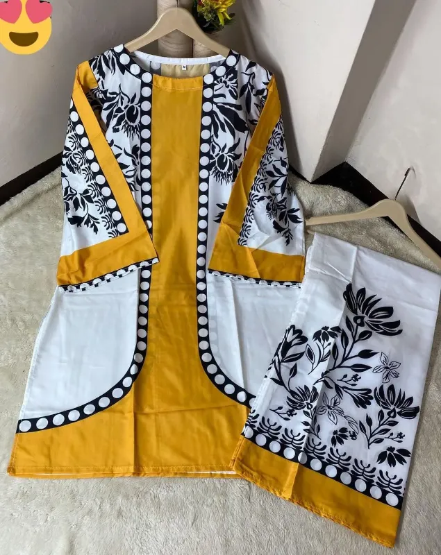 2 Pcs Yellow Women's Stitched Lawn Digital Print Shirt And Trouser