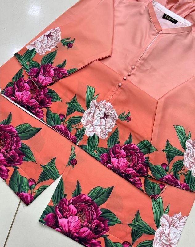 Stylish Peach Printed Co-Ord Set - 2 Pcs Women's Stitched Shamoz Silk