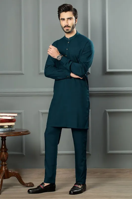 Men's Wash And Wear Shalwar Kameez - 2 Pcs in Plain Blue
