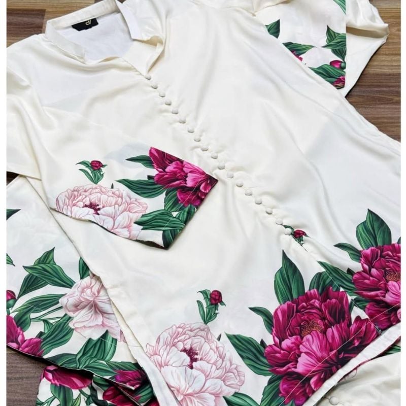 Stylish white Printed Co-Ord Set - 2 Pcs Women's Stitched Shamoz Silk