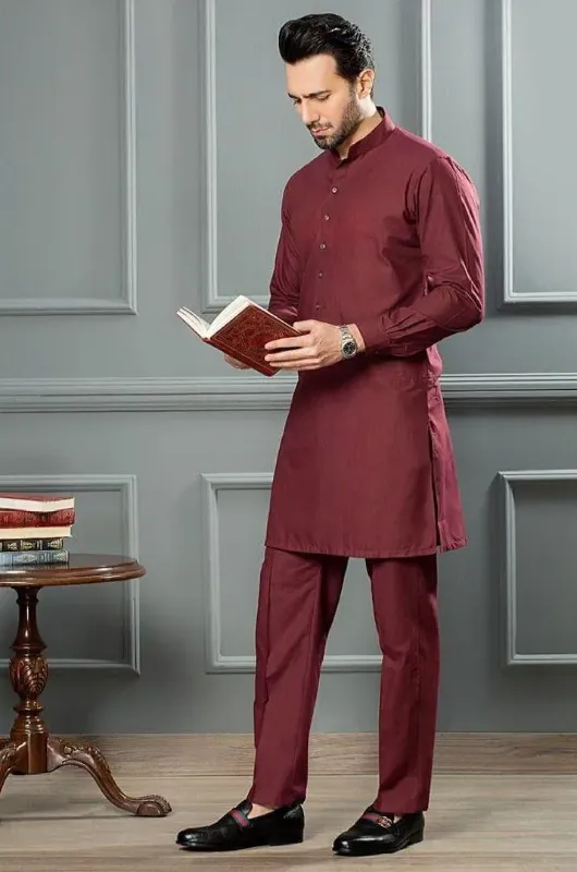 2 Pcs Men’s Stitched Wash And Wear Plain Shalwar Kameez Maroon
