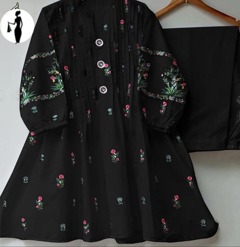 2 Pcs Women's Stitched Cotton Embroidered Shirt And Trouser