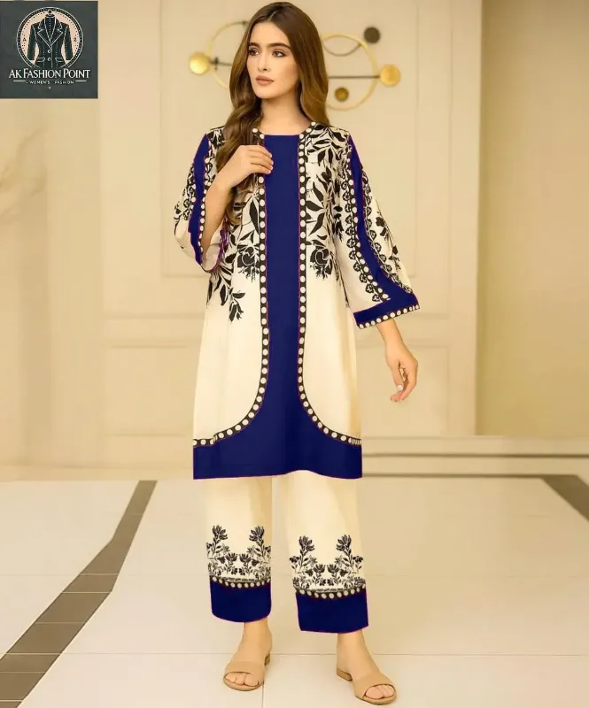 2 Pcs blue Women's Stitched Lawn Digital Print Shirt And Trouser