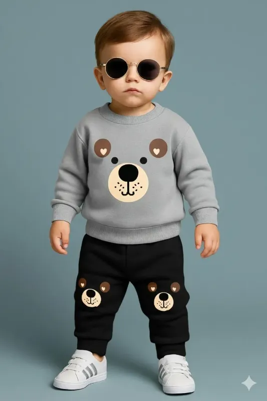 Stylish Printed Polyester 2 Pcs Tracksuit for Boys & Girls - Grey