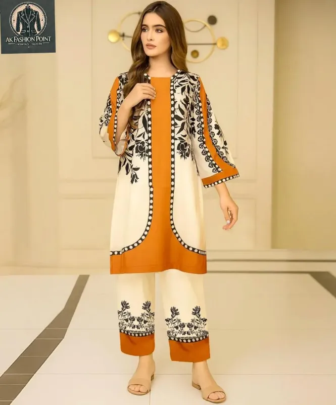 2 Pcs Yellow Women's Stitched Lawn Digital Print Shirt And Trouser