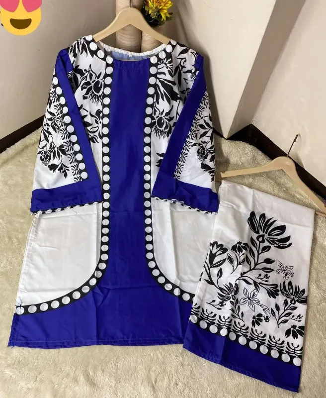 2 Pcs blue Women's Stitched Lawn Digital Print Shirt And Trouser