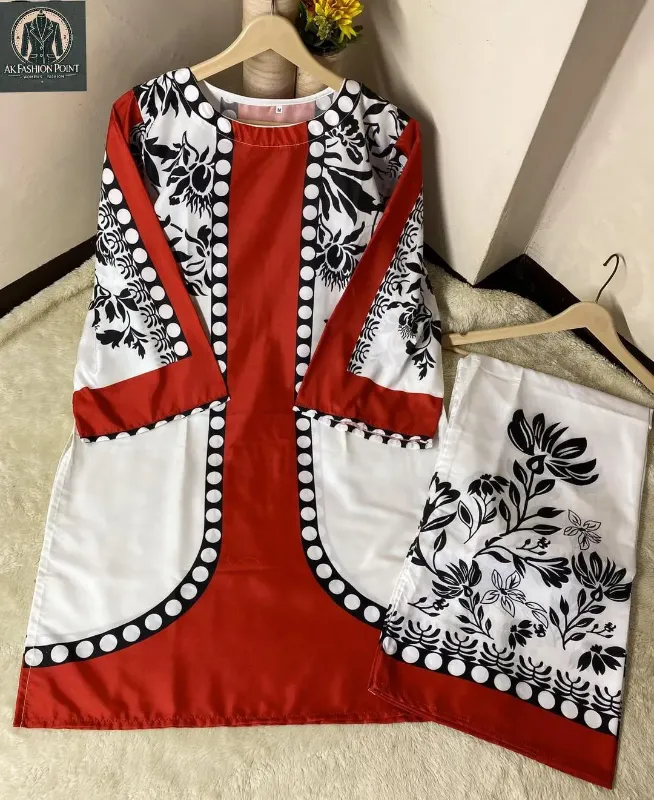 2 Pcs red Women's Stitched Lawn Digital Print Shirt And Trouser