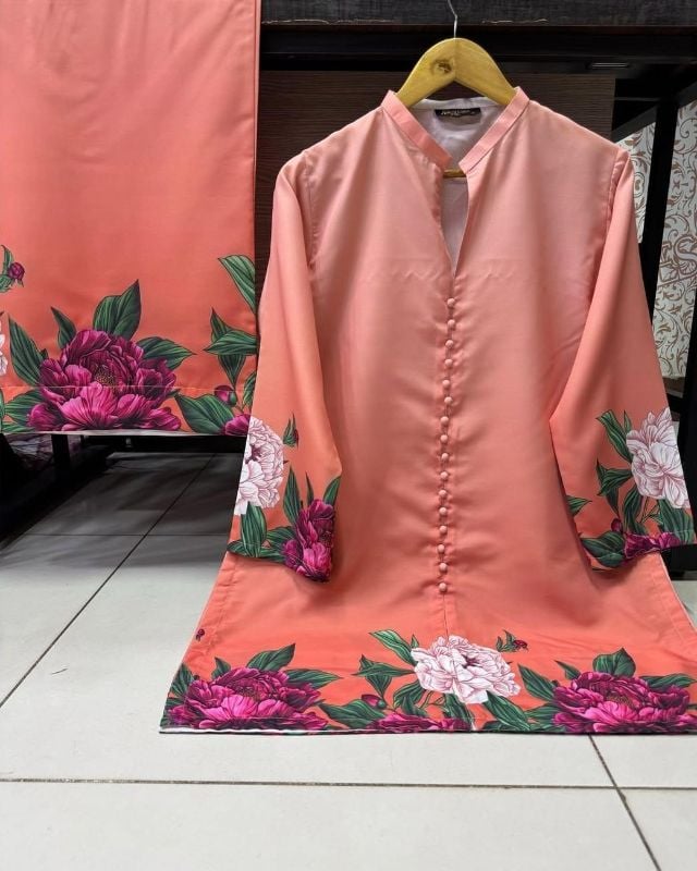Stylish Peach Printed Co-Ord Set - 2 Pcs Women's Stitched Shamoz Silk