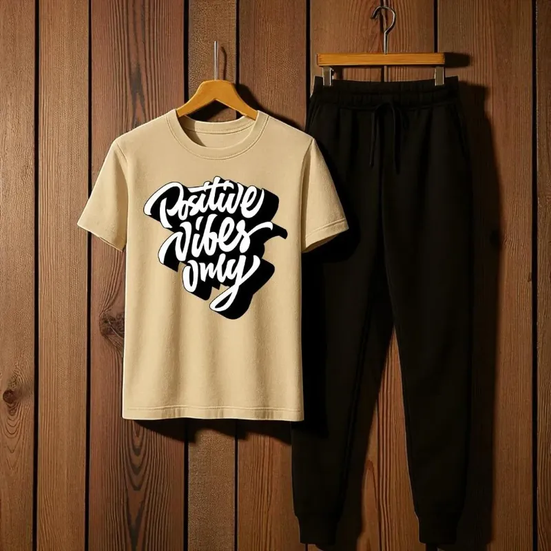 2 Pcs Men's Jersey Printed Track Suit Beige