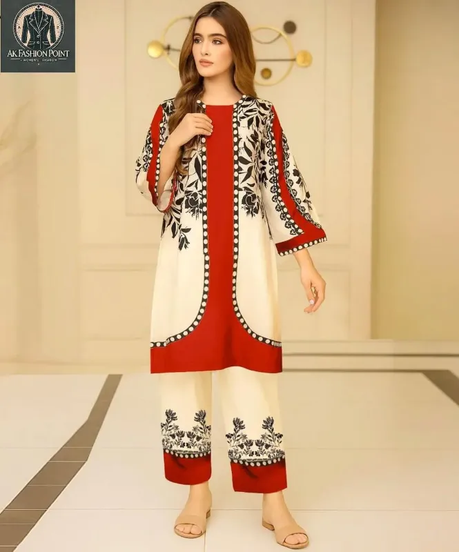 2 Pcs red Women's Stitched Lawn Digital Print Shirt And Trouser