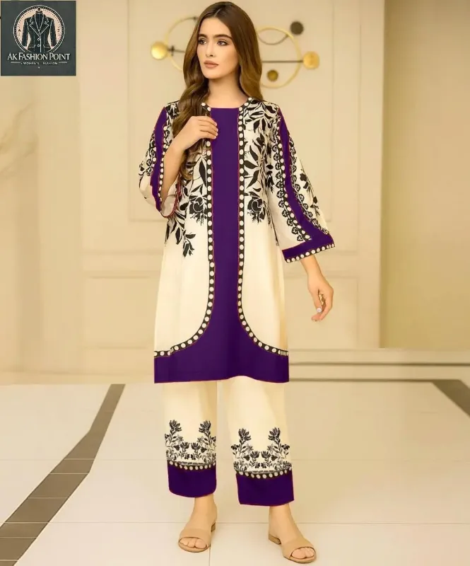 2 Pcs purple Women's Stitched Lawn Digital Print Shirt And Trouser