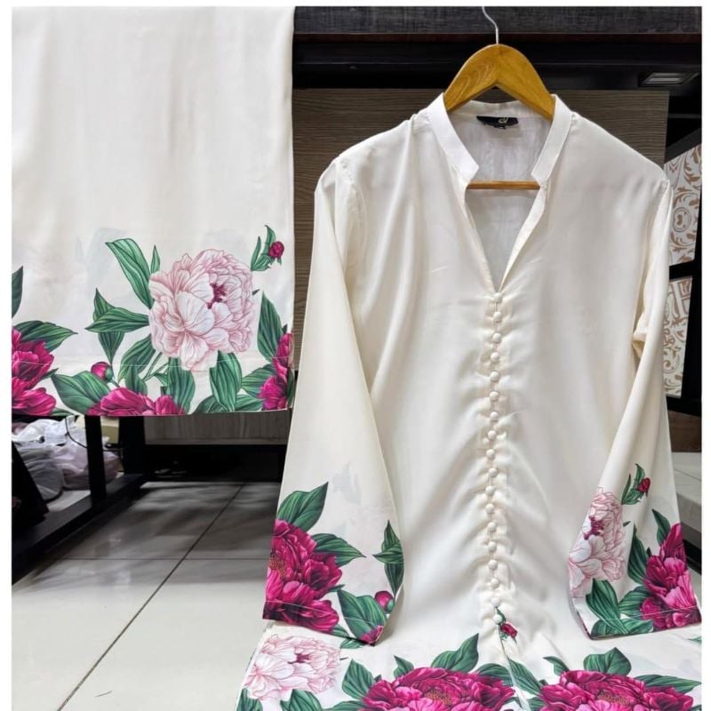 Stylish white Printed Co-Ord Set - 2 Pcs Women's Stitched Shamoz Silk