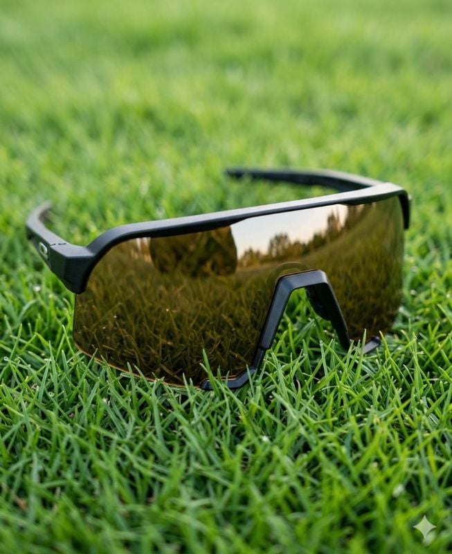 Lentes 100% montura negra letras doradas cristal polarizado levemente dorado