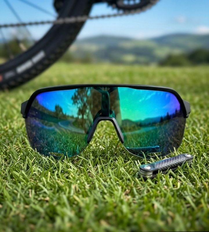 Lentes 100% montura negra letras verdes y cristal polarizado verde