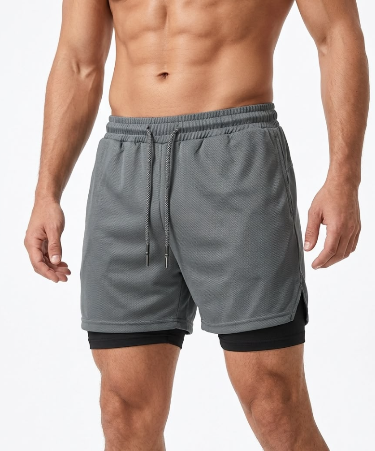 SHORT DEPORTIVO GRIS CON LICRA NEGRA