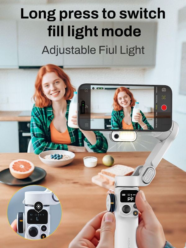 AOCHUAN Smart P2 Magnetic Gimbal Stabilizer for iPhone w/ 2-in-1 Fill Light & AI Tracking Sensor, Face Tracking No App Required, 3-Axis Phone Stabilizer w/Built-in Extension Rod, for Video Recording