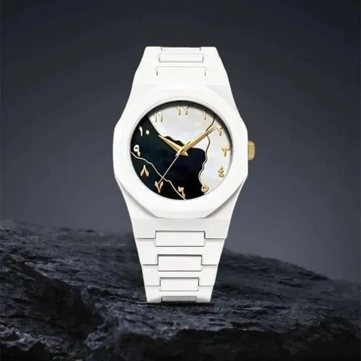 Men's Carbon Fiber White Marble Arabic Aura Watch (Golden)