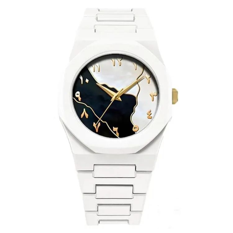 Men's Carbon Fiber White Marble Arabic Aura Watch (Golden)