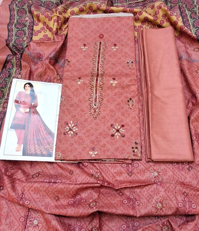 Dhanak Digital Embroidered Winter Collection / 3 Piece Suit - Rose Pink - 8