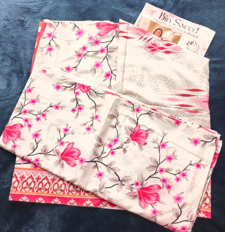 Bin Saeed / Digital Printed Suit / 100% Cotton White Red