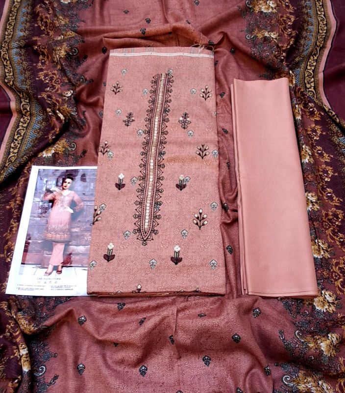 Dhanak Embroidered Winter Collection / 3 Piece Suit - Dark Peach / Solid