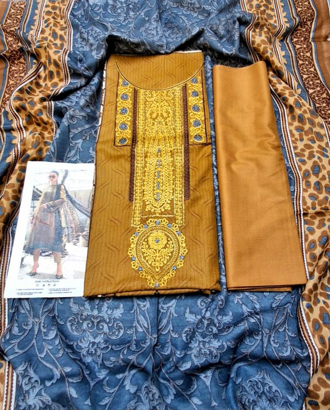 Dhanak Embroidered Winter Collection / 3 Piece Suit - Blue / Mustard