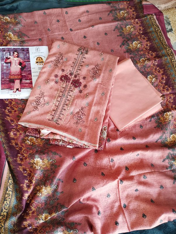 Dhanak Embroidered Winter Collection / 3 Piece Suit - Dark Peach / Golded Maroon