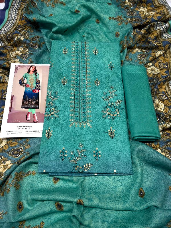Dhanak Embroidered Winter Collection / 3 Piece Suit - Farozi Green / Golden