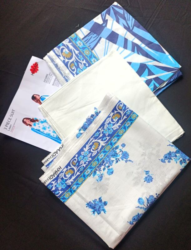 KHAADI / Mid Summer Collection / 3 Piece Suit- White/Sky Blue