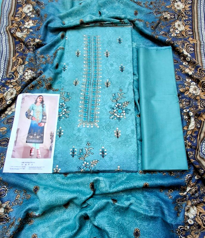 Dhanak Embroidered Winter Collection / 3 Piece Suit - Sea Green / Golden