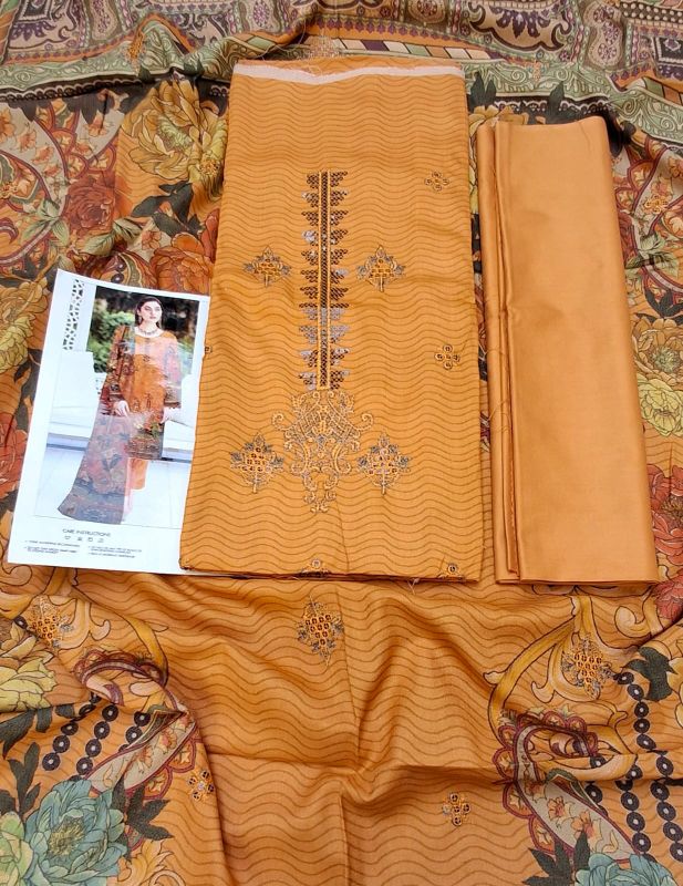 Dhanak Digital Embroidered Winter Collection / 3 Piece Suit - Mustard / Yellow - 5