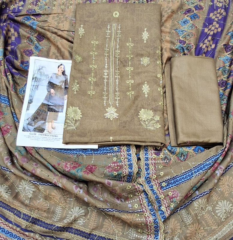 Dhanak Digital Embroidered Winter Collection / 3 Piece Suit - Tea Leaf / Blue - 11