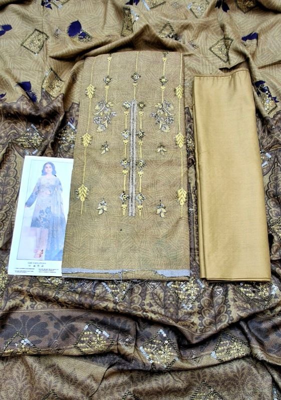 Dhanak Digital Embroidered Winter Collection / 3 Piece Suit - Mehndi / Almond -2