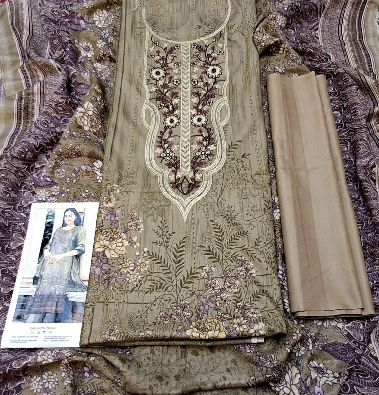 Dhanak Embroidered Winter Collection / 3 Piece Suit - Grey / Golden