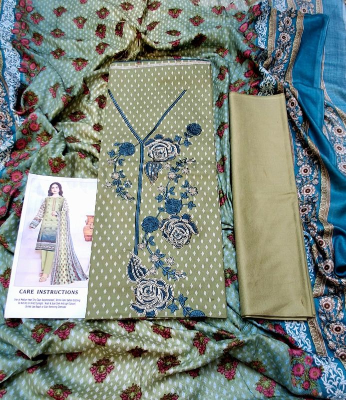 Dhanak Embroidered Winter Collection / 3 Piece Suit - Pista Grey / Brown