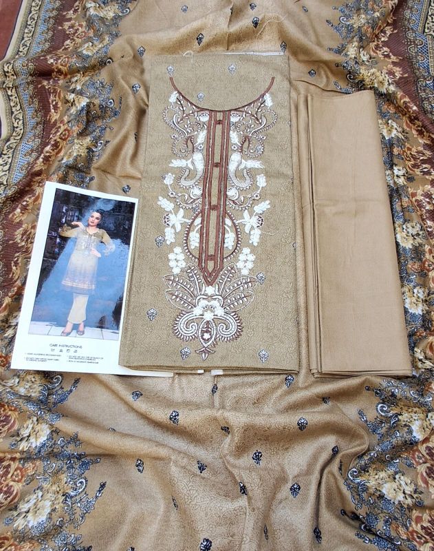 Dhanak Embroidered Winter Collection / 3 Piece Suit - Almond / Dark Brown