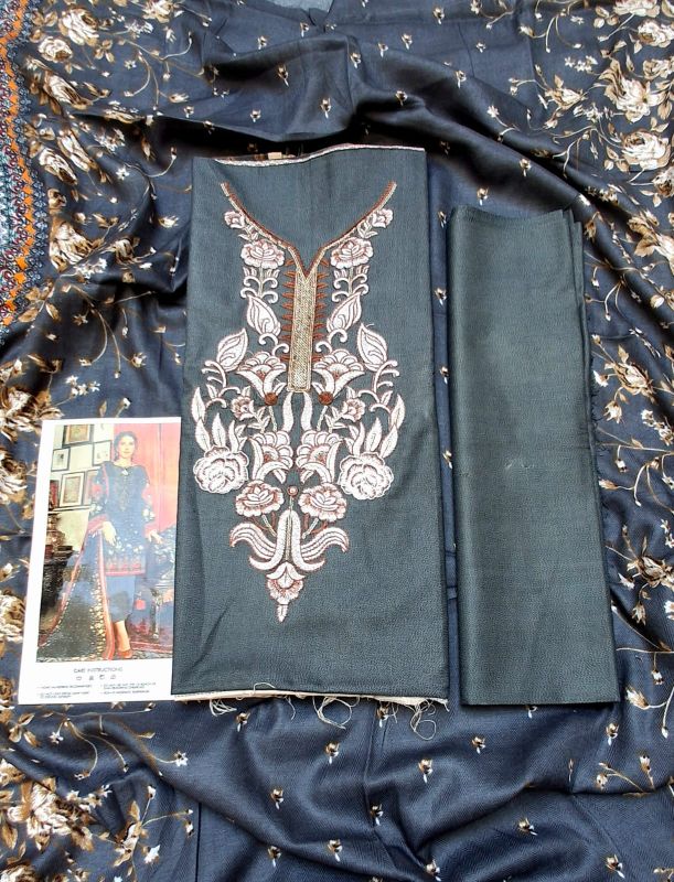 Dhanak Embroidered Winter Collection / 3 Piece Suit - Cement Texture / Grey